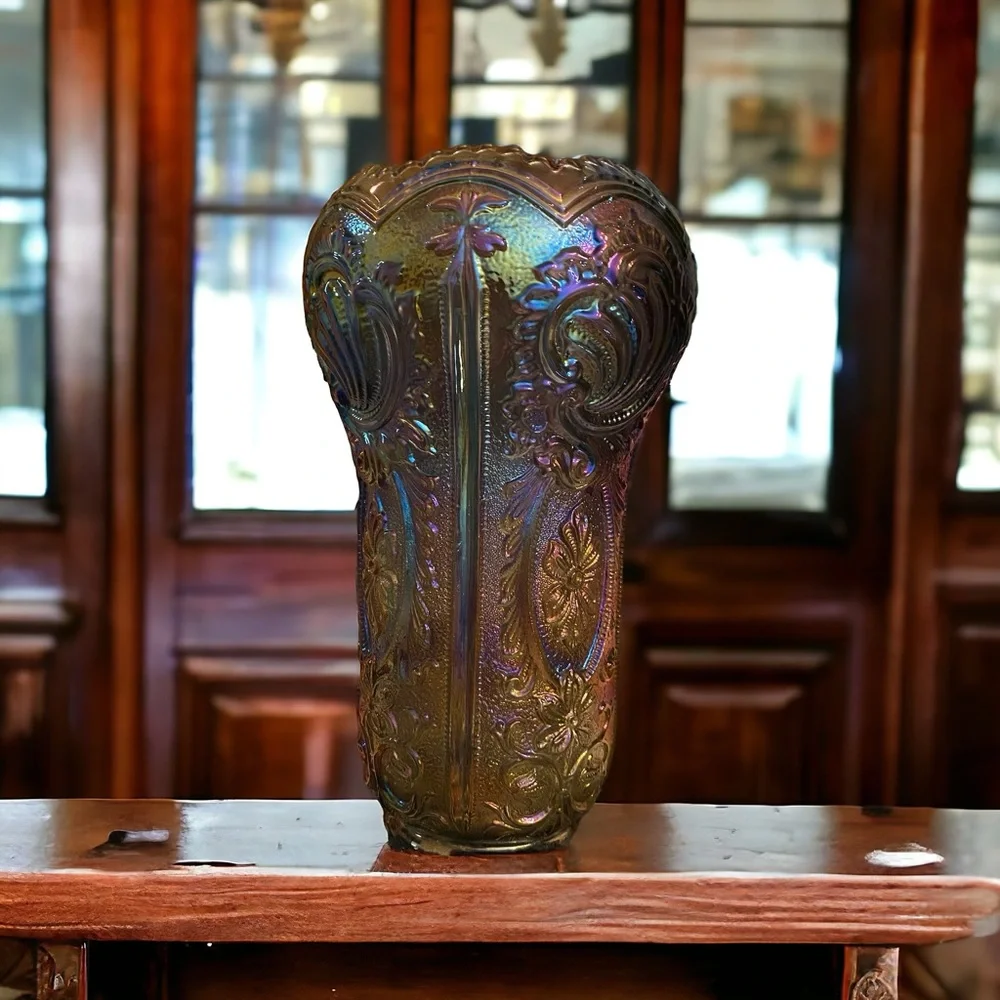 VTG Imperial Carnival Glass Scroll Flower Panels Vase Smoke Peacock 10”